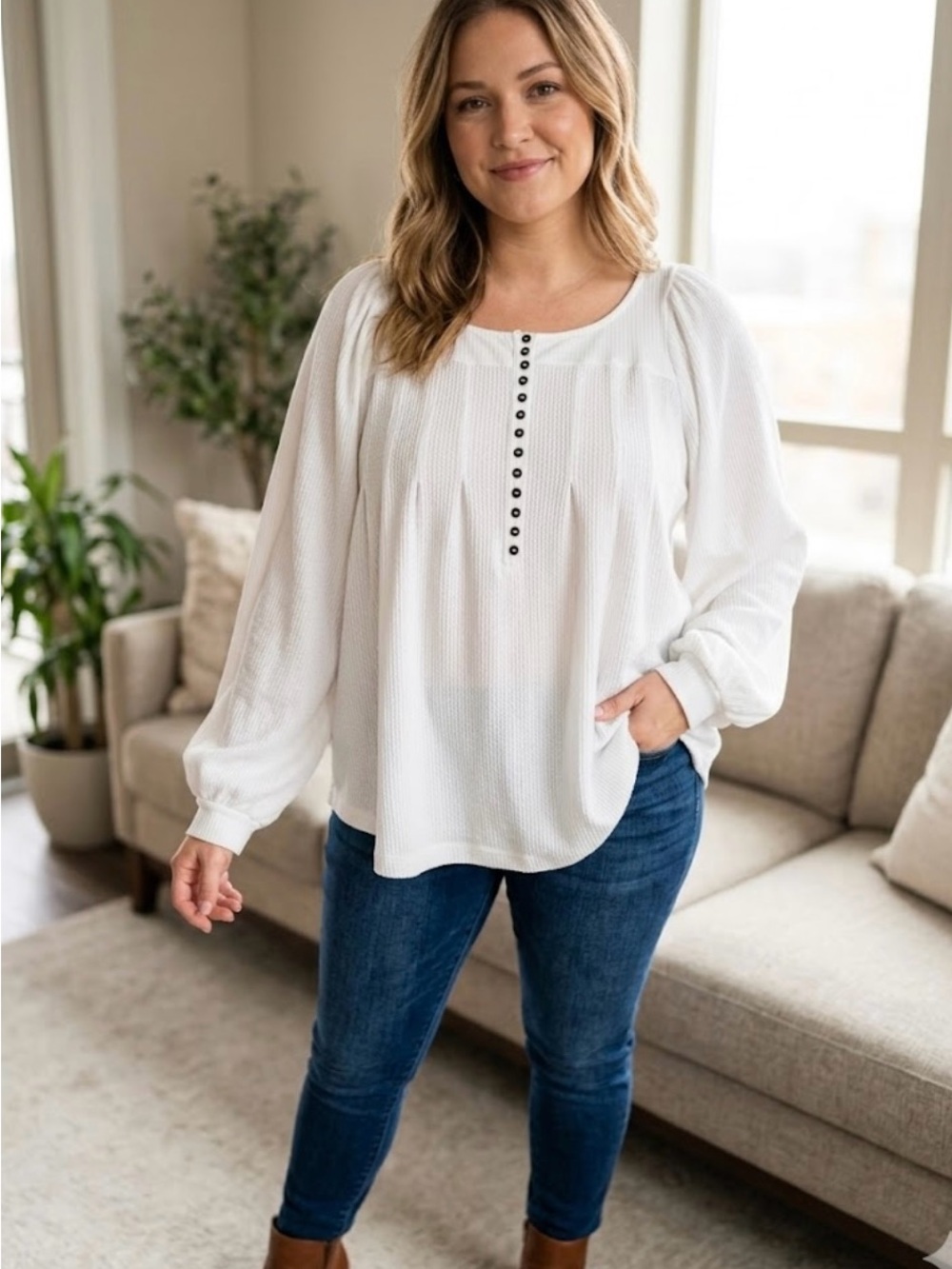 Free People White Waffle Knit Henley Blouse with Button Placket